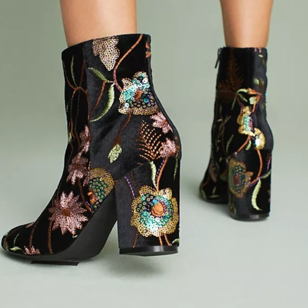 Anthropologie Steven by Steve Madden Lissa Bootie black velvet floral embroider - Picture 8 of 13